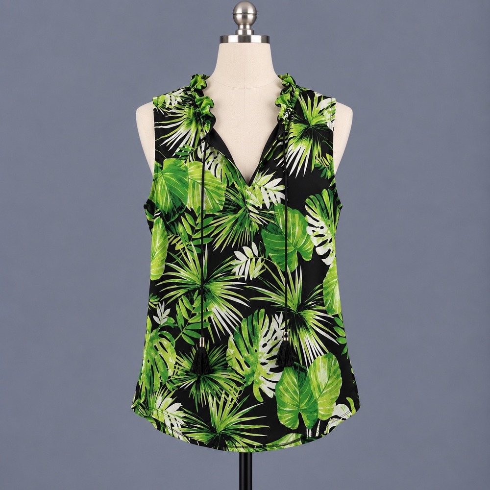 White House Black Market Top Small Green Tropical Palm Ruffle Tassel Sleeveless
